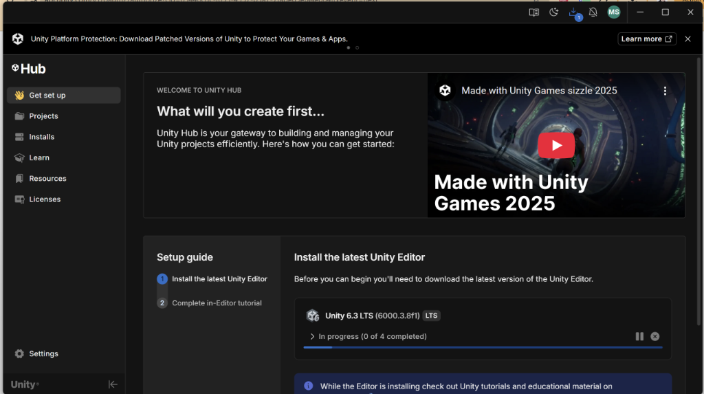 Unity Hub Main Dashboard