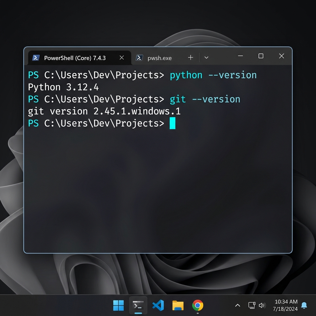 Terminal showing successful python and git version checks