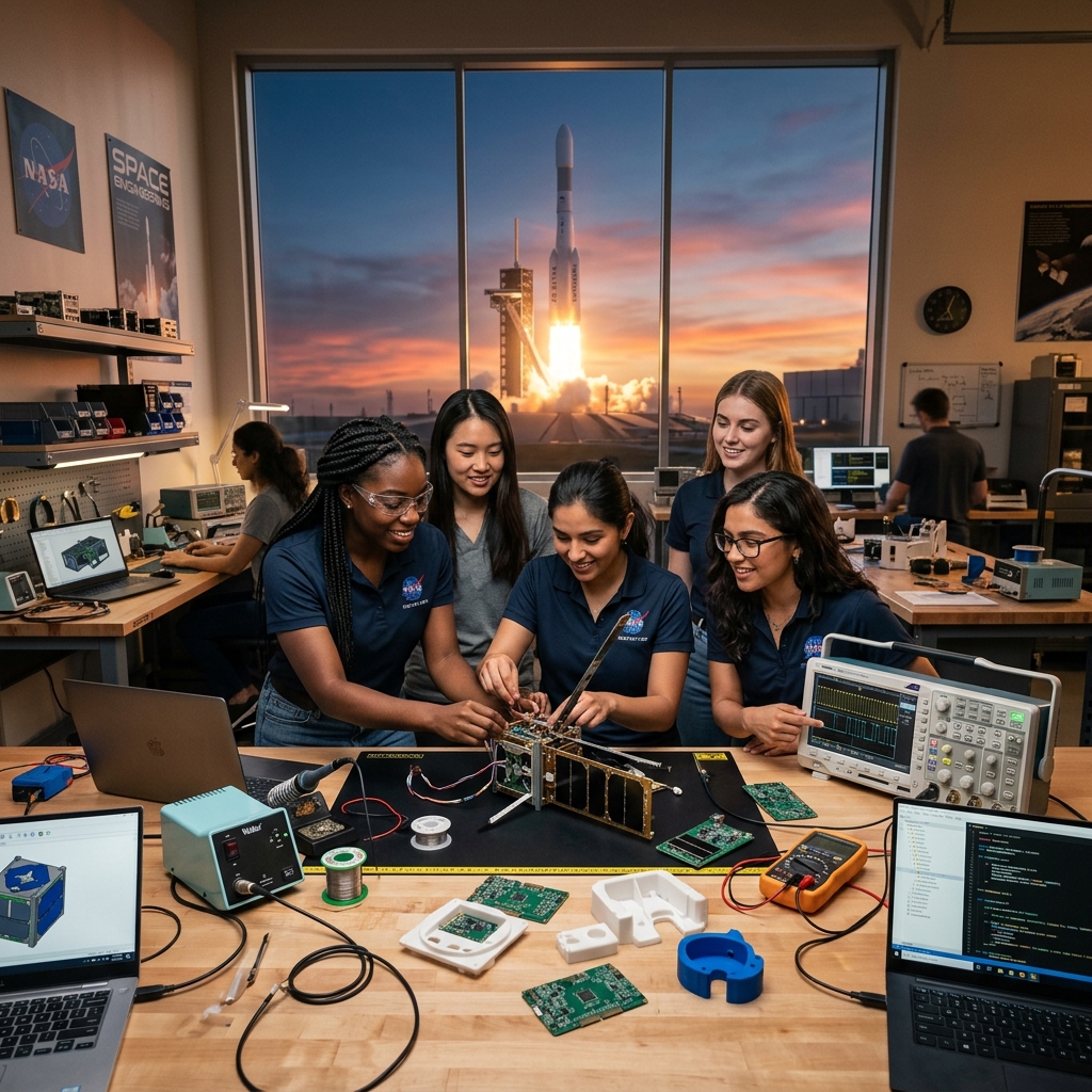 Diverse engineering team in a modern CubeSat lab