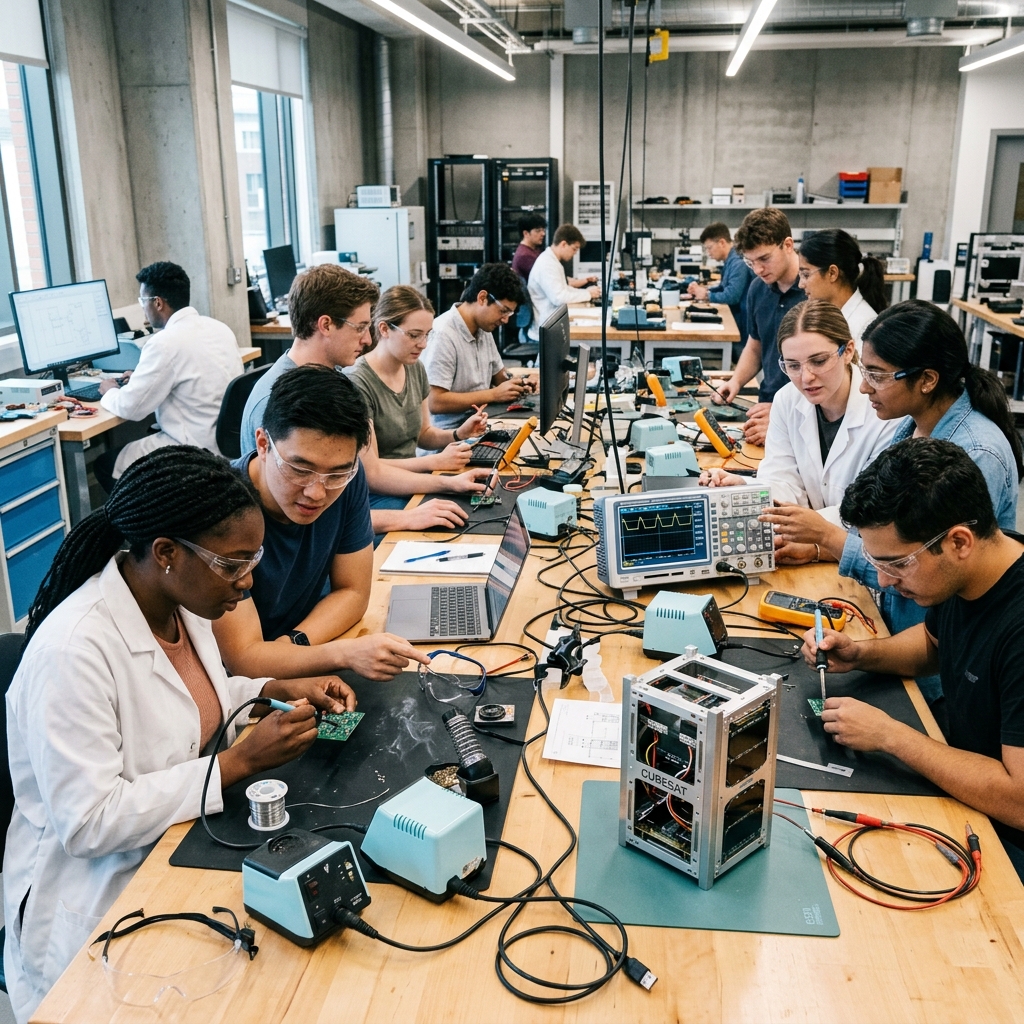 Students building CubeSat in lab