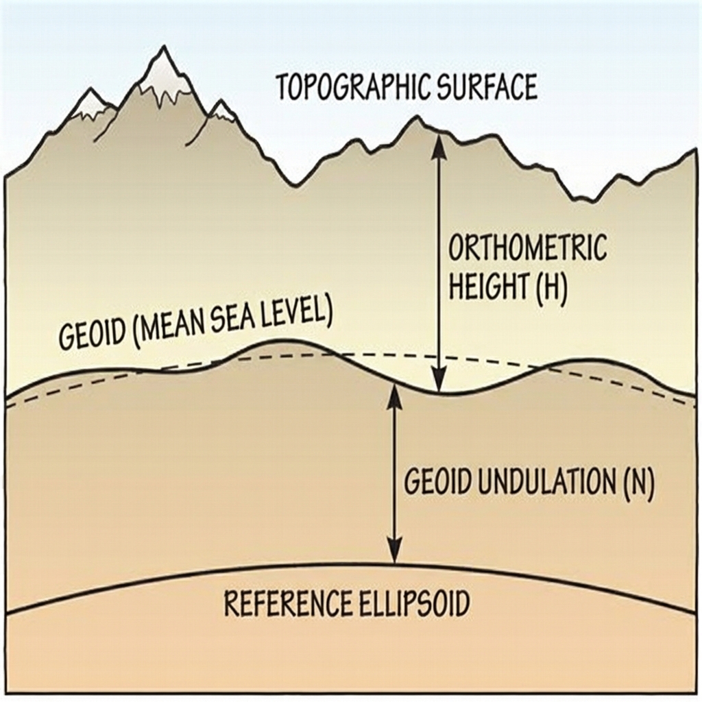 Diagram showing relationship between Topography, Geoid, and Ellipsoid