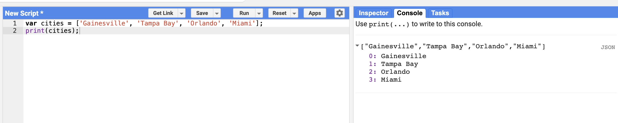 Output from Google Earth Engine After running the script
