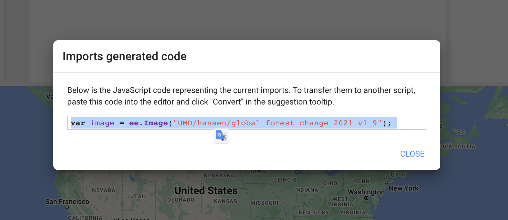 the import generated code window