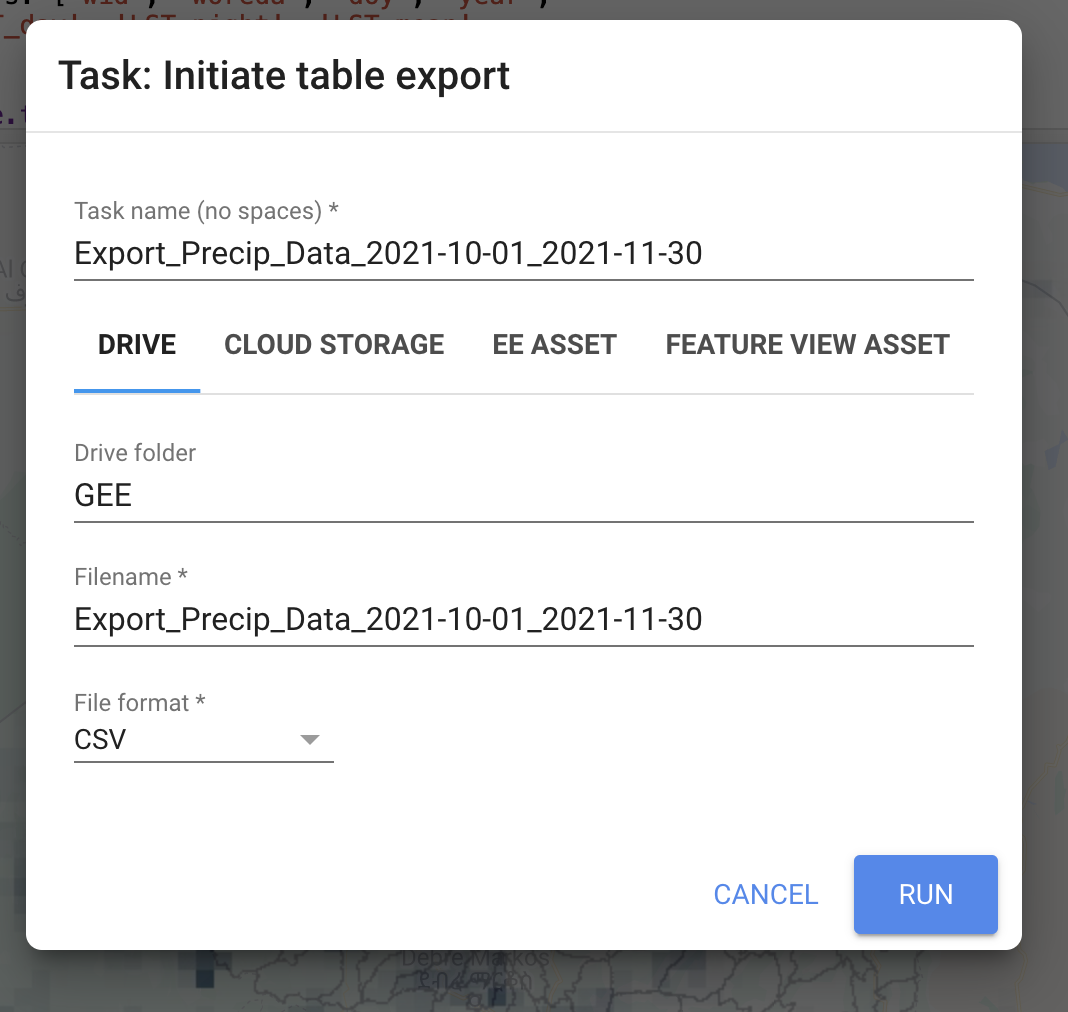 example of export settings