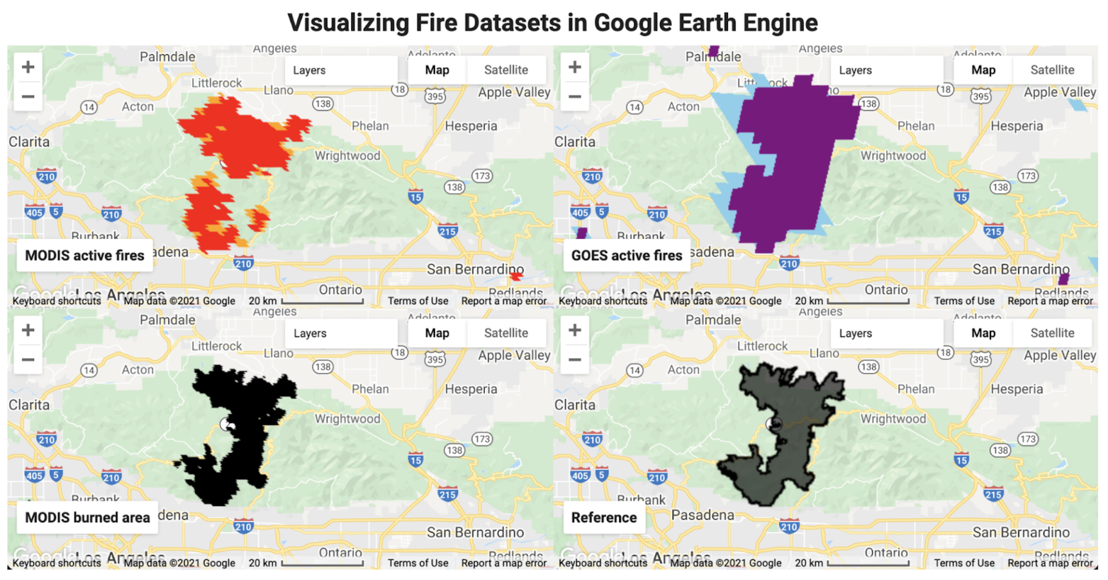 Active fire detections visualized in Google Earth Engine