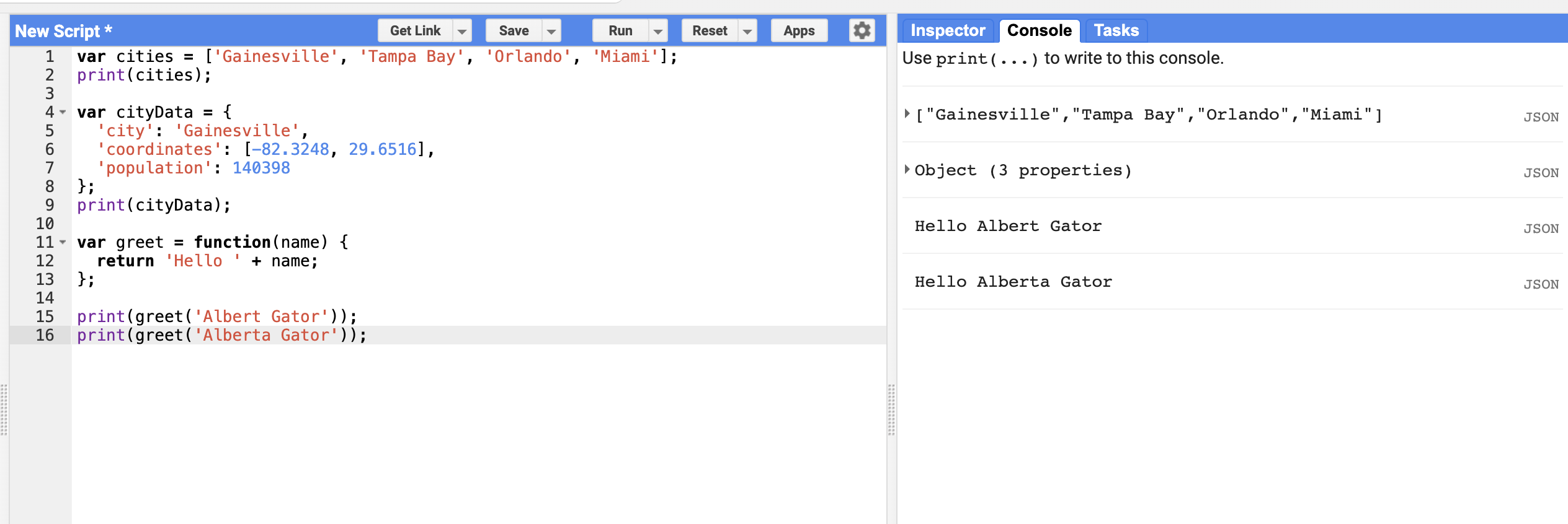 Output from Google Earth Engine showing function results