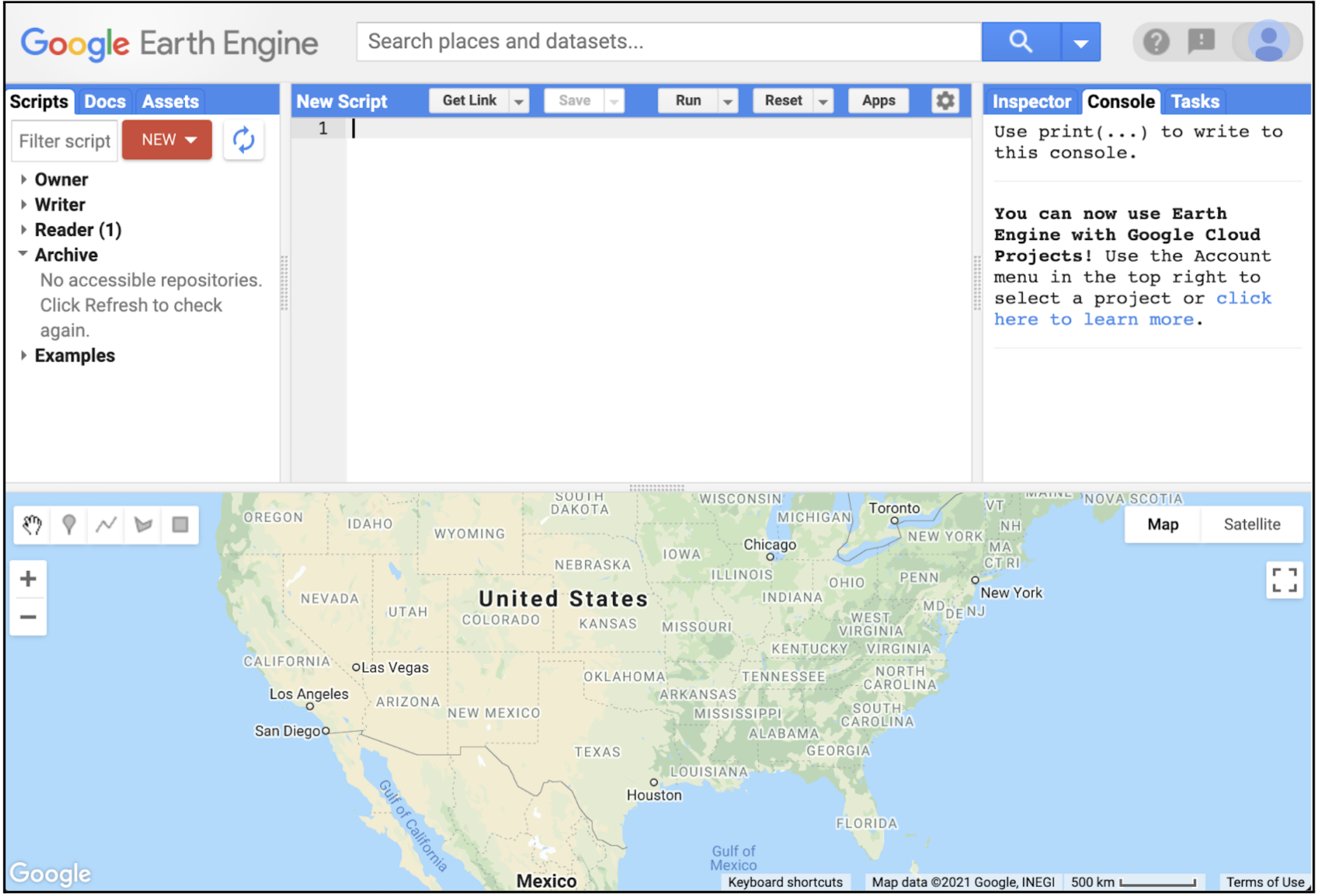 Screenshot of the GEE Code Editor interface