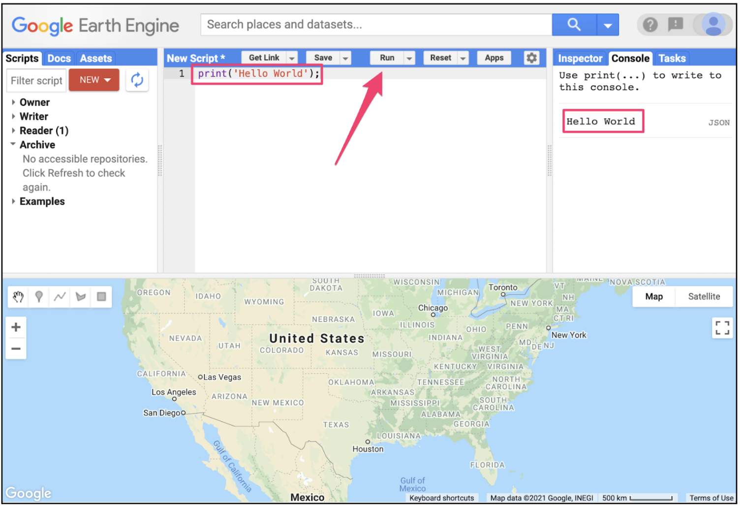 Screenshot showing the Hello World console result