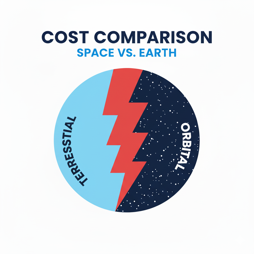 Cost comparison: Space vs. Earth — split circle graphic showing terrestrial vs orbital