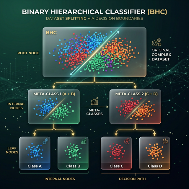 AI conceptual visualization of the Binary Hierarchical Classifier splitting a complex dataset into meta-classes