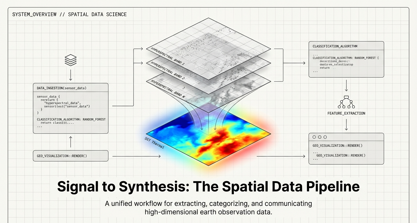 Signal to Synthesis: The Spatial Data Pipeline overview showing data ingestion, classification algorithm, feature extraction, and geo-visualization workflow