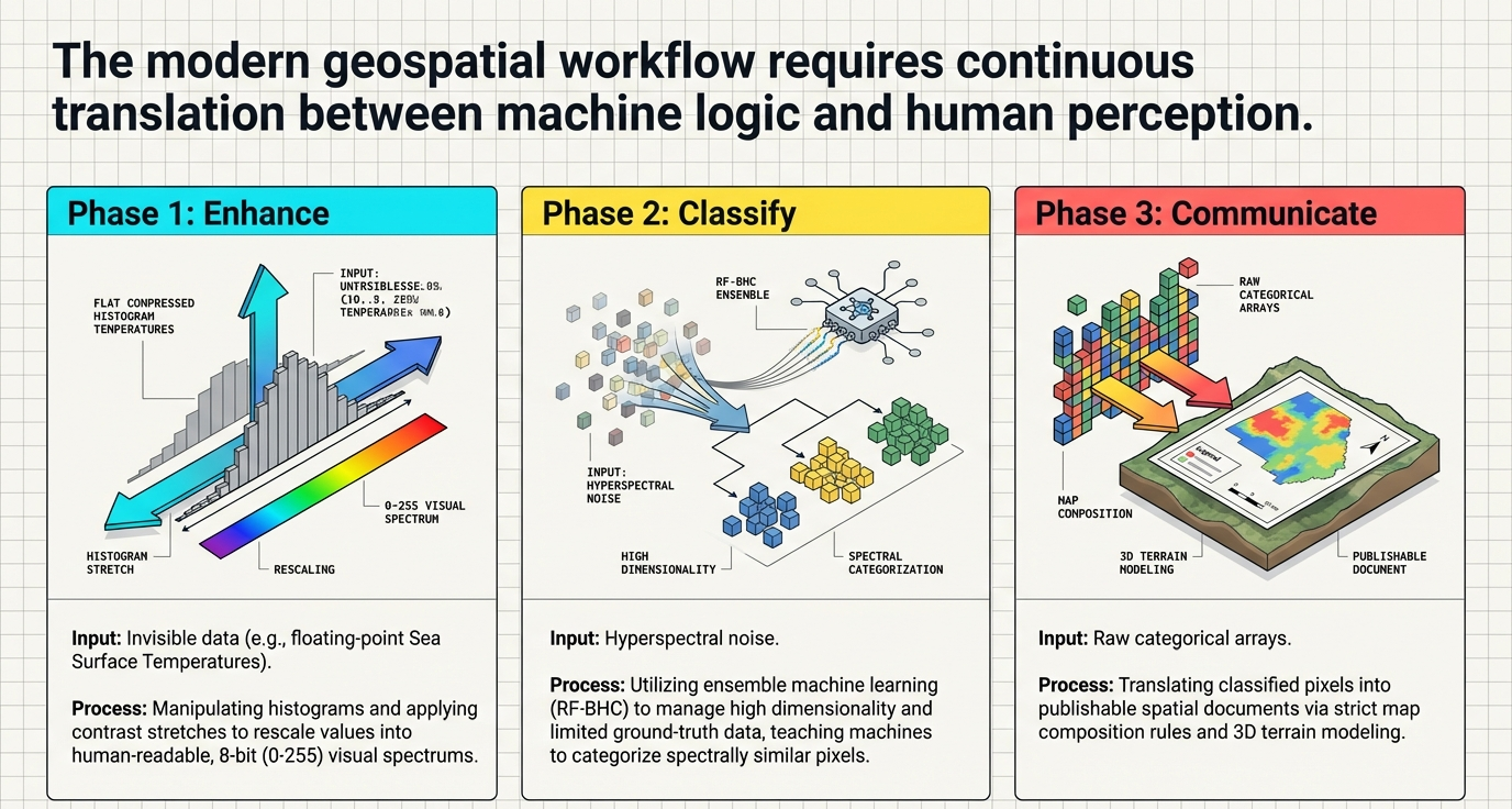 Three-phase geospatial workflow: Enhance, Classify, Communicate