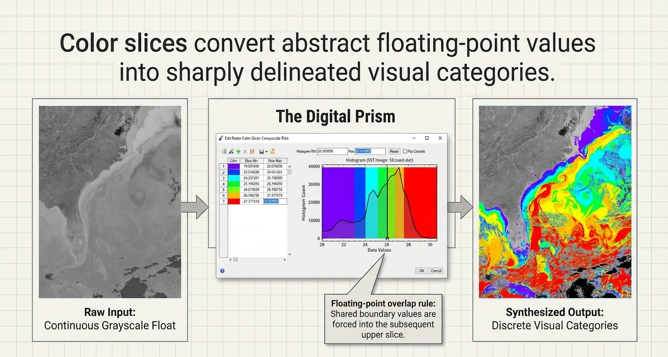 The Digital Prism: Color slices converting floating-point SST values into discrete visual categories with histogram analysis