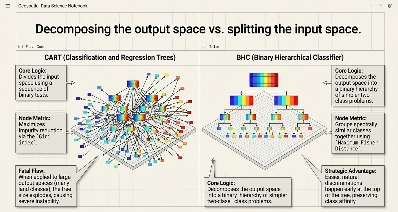 Decision logic comparison: CART partitioning input space vs BHC decomposing output space