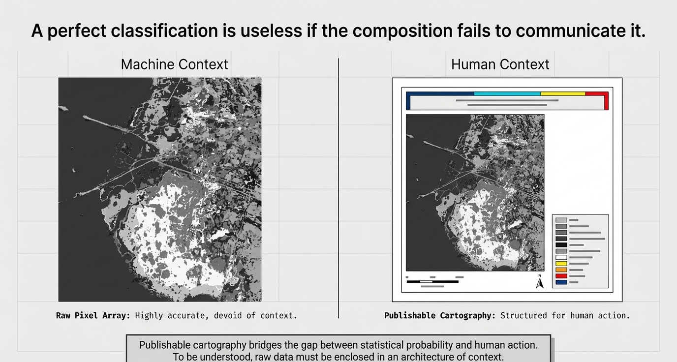 Comparison between raw pixel array layout and publishable cartography layout