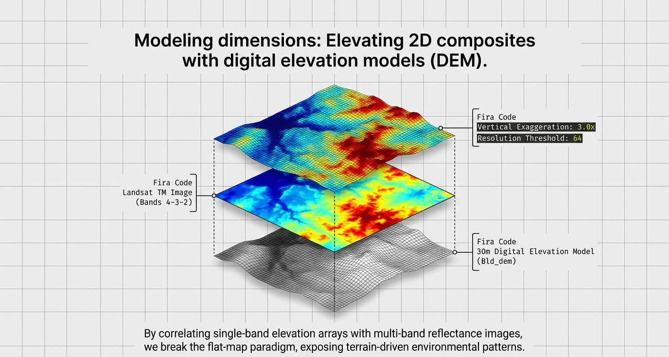 3D DEM modeling layering 30m Digital Elevation Model under Landsat TM composite with Vertical Exaggeration