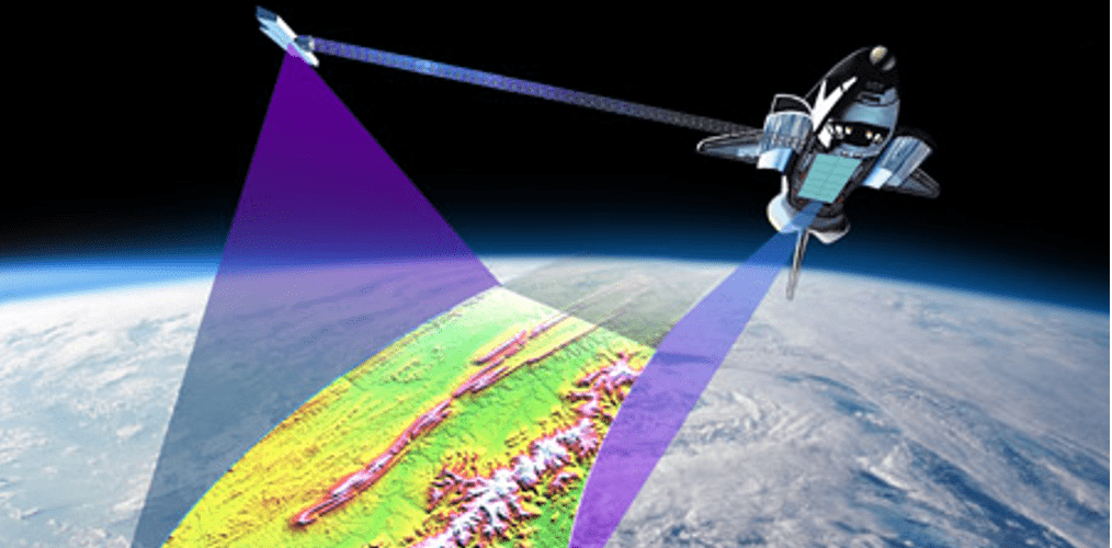 SRTM mission concept showing the shuttle with radar mast mapping Earth's surface