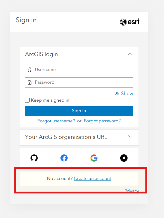 ArcGIS Sign-In Page showing Create Account link