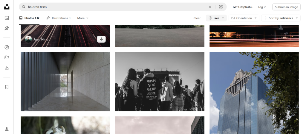 Unsplash search with 'Free' filter selected