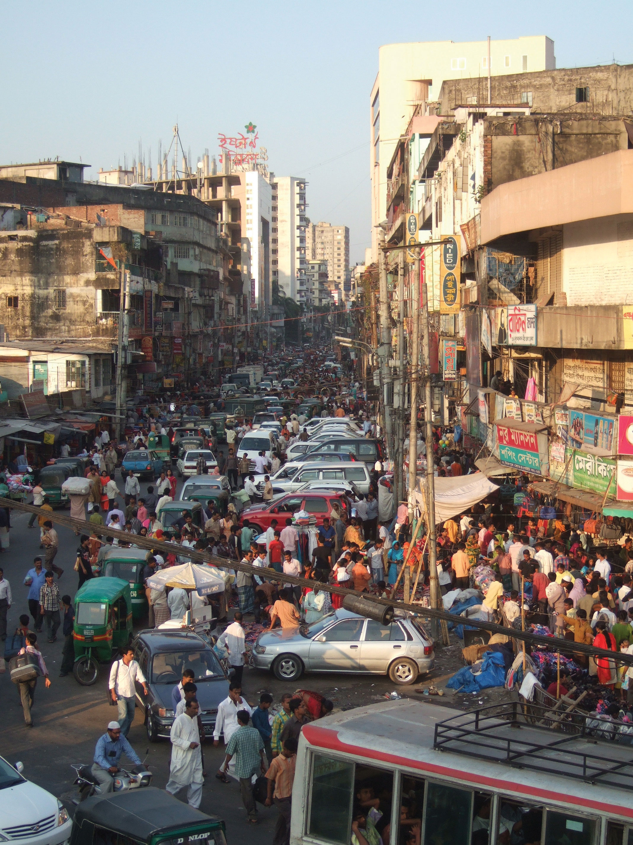 Dense urban street in Dhaka