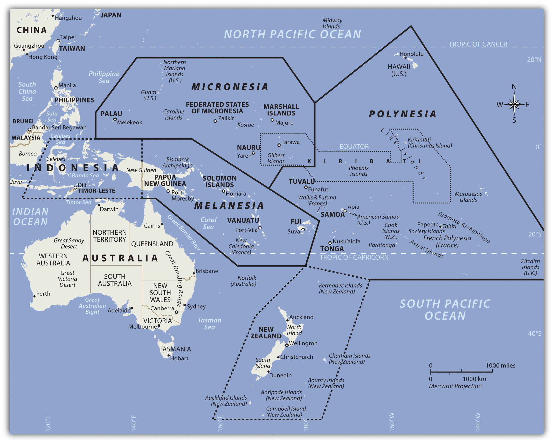 Map of Pacific Regions: Melanesia, Micronesia, Polynesia